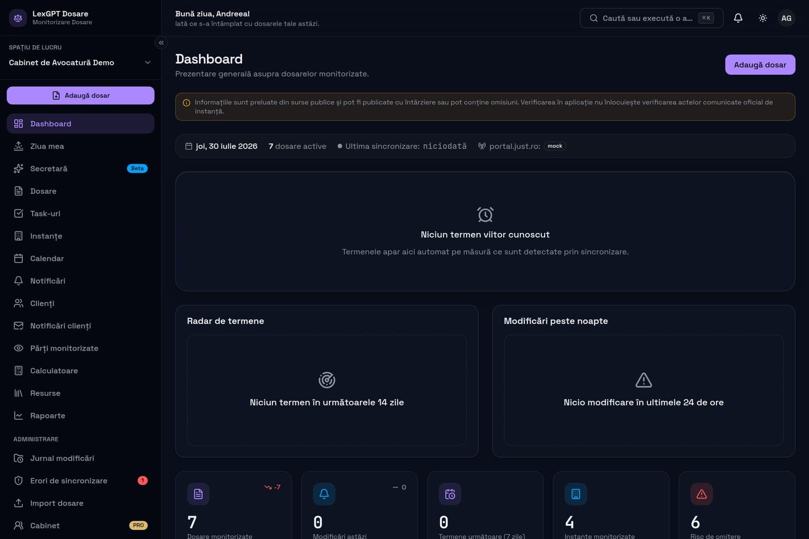 Dashboard LexGPT Dosare — prezentare generală a dosarelor monitorizate, termenelor apropiate și modificărilor recente