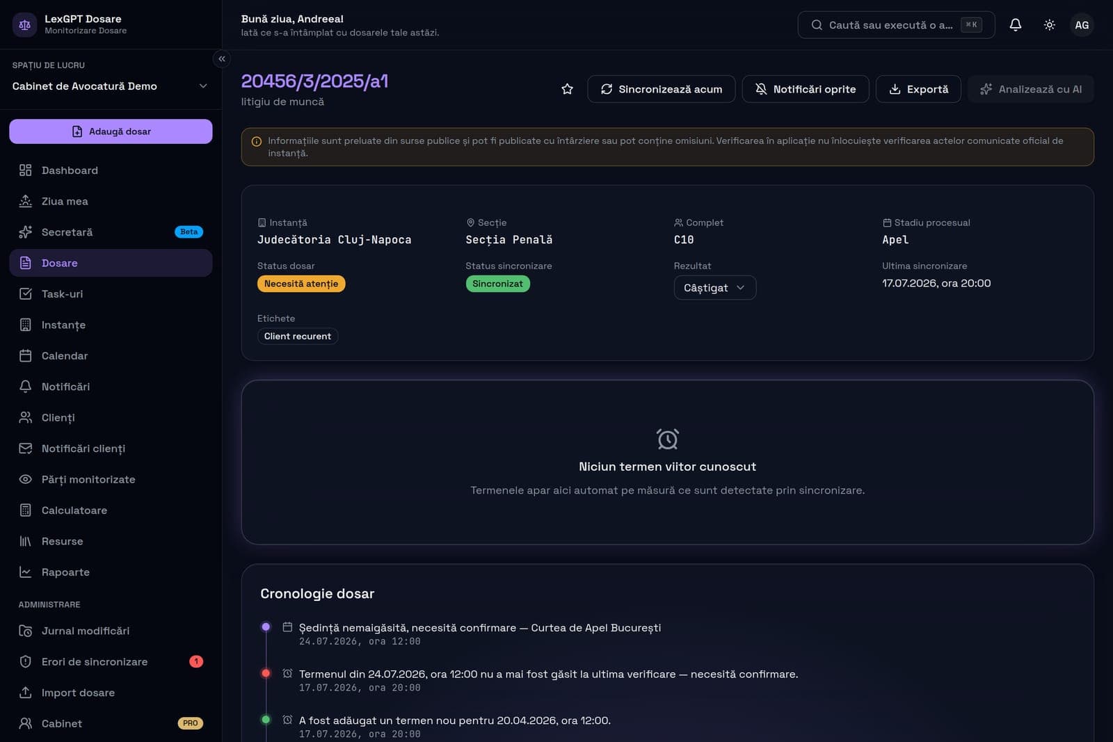 Pagina unui dosar — instanță, stadiu procesual, status sincronizare și cronologia completă a modificărilor