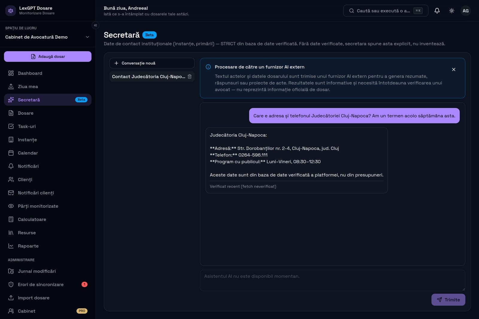 Conversație cu asistentul AI — răspuns cu datele de contact verificate ale unei instanțe